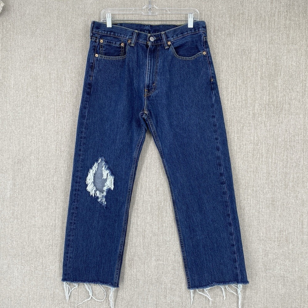 Levis‎ 505 Regular Fit Jeans 32x34 Blue Distressed Raw Hem Straight Leg